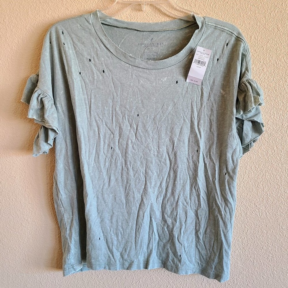 American Eagle Outfitters Distressed Green Tee T-Shirt with Frilly Sleeves M NWT